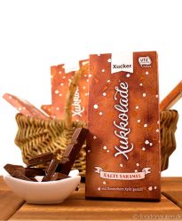 Xukkolade, Xalty Xaramel (Salz-Karamell-Schokolade mit finnischem Xylit gesüßt), Xucker Xukkolade, Xalty Xaramel (Salz-Karamell-Schokolade mit finnischem Xylit gesüßt), Xucker