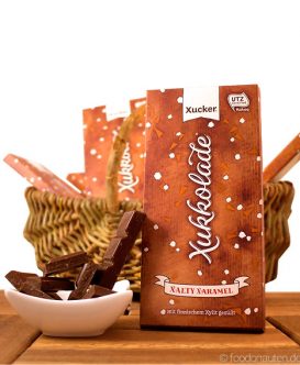 Xukkolade, Xalty Xaramel (Salz-Karamell-Schokolade mit finnischem Xylit gesüßt), Xucker Xukkolade, Xalty Xaramel (Salz-Karamell-Schokolade mit finnischem Xylit gesüßt), Xucker