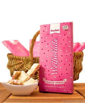 Weißolade (Weiße Joghurt-Erdbeer-Schokolade mit Xylit gesüßt), Xucker, 100g Weißolade (Weiße Joghurt-Erdbeer-Schokolade mit Xylit gesüßt), Xucker, 100g